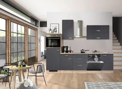 Küchenzeile „Urban Oak“ – 280 cm, Grau & Eiche Dekor mit Geräten