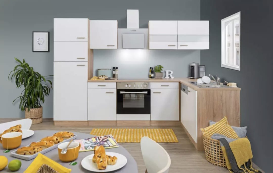 🏡 Moderne Eckküchenzeile 280 x 172 cm – Weiß mit Eiche-Dekor