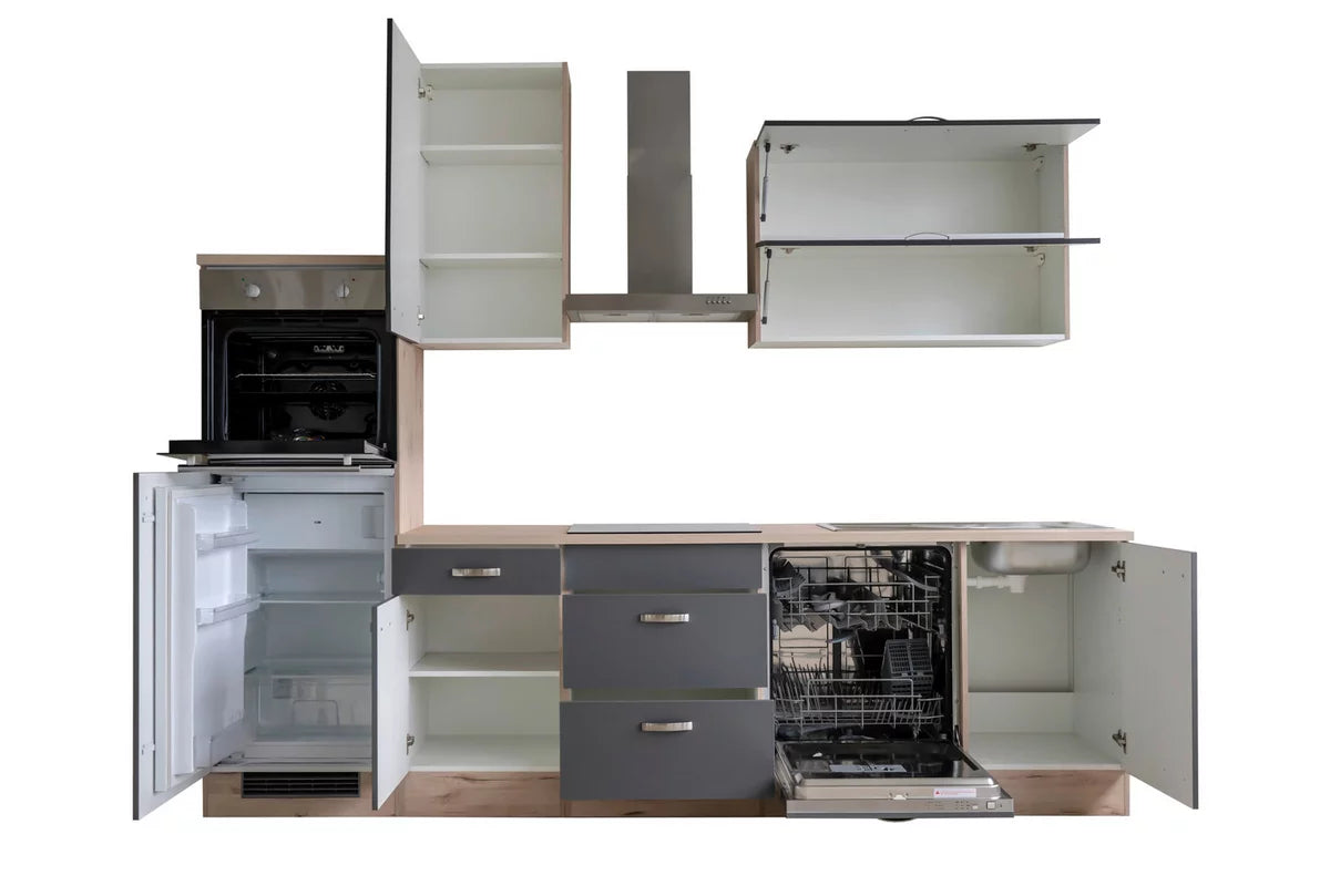 Küchenzeile „Urban Oak“ – 280 cm, Grau & Eiche Dekor mit Geräten
