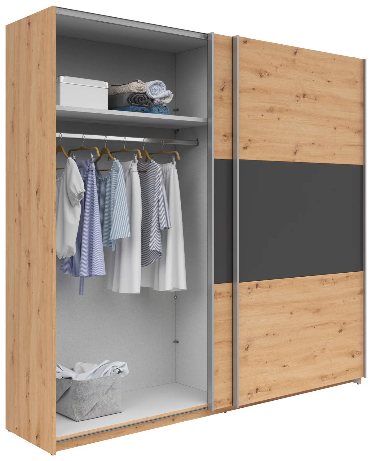 Schwebetürenschrank „Graphite Oak“ – Graphit & Artisan Eiche, ca. 218 × 210 × 59 cm