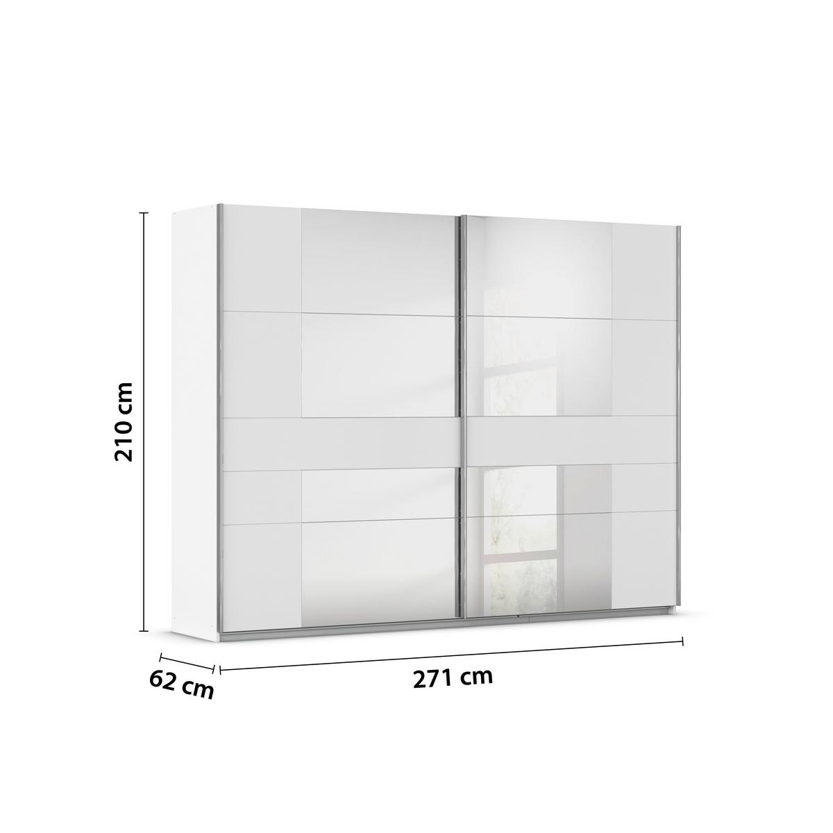 Schwebetürenschrank in Grau-Weiß mit den Maßen 270 x 210 x 57 cm: