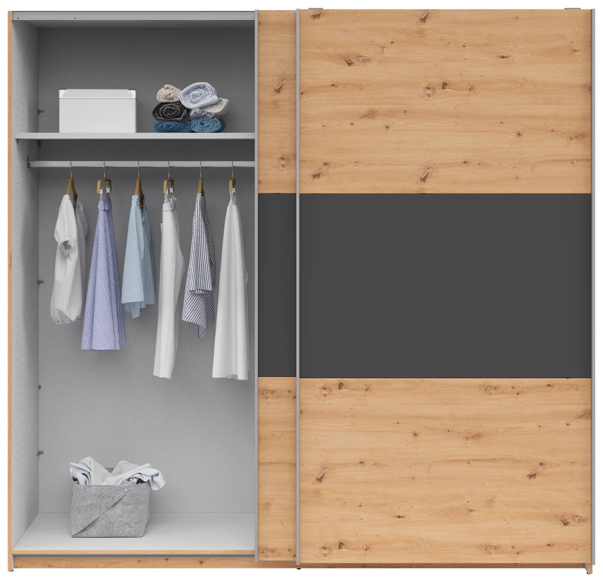 Schwebetürenschrank „Graphite Oak“ – Graphit & Artisan Eiche, ca. 218 × 210 × 59 cm