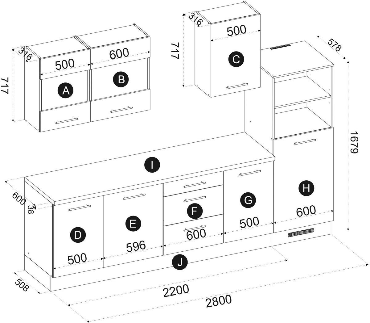 UrbanEiche Küchenleerblock 280 cm – Weiß & Artisan Eiche