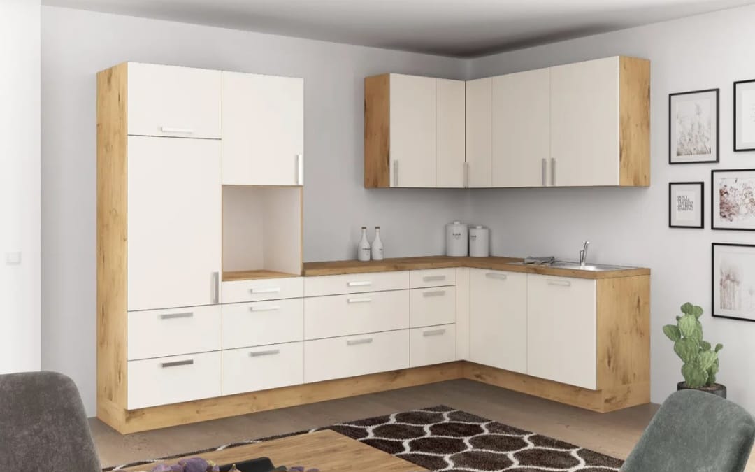 🏡 Eckküche "NatureLine 320" – 320×185 cm in Magnolie & Eiche-Dekor