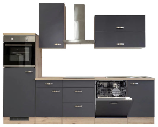 Küchenzeile „Urban Oak“ – 280 cm, Grau & Eiche Dekor mit Geräten