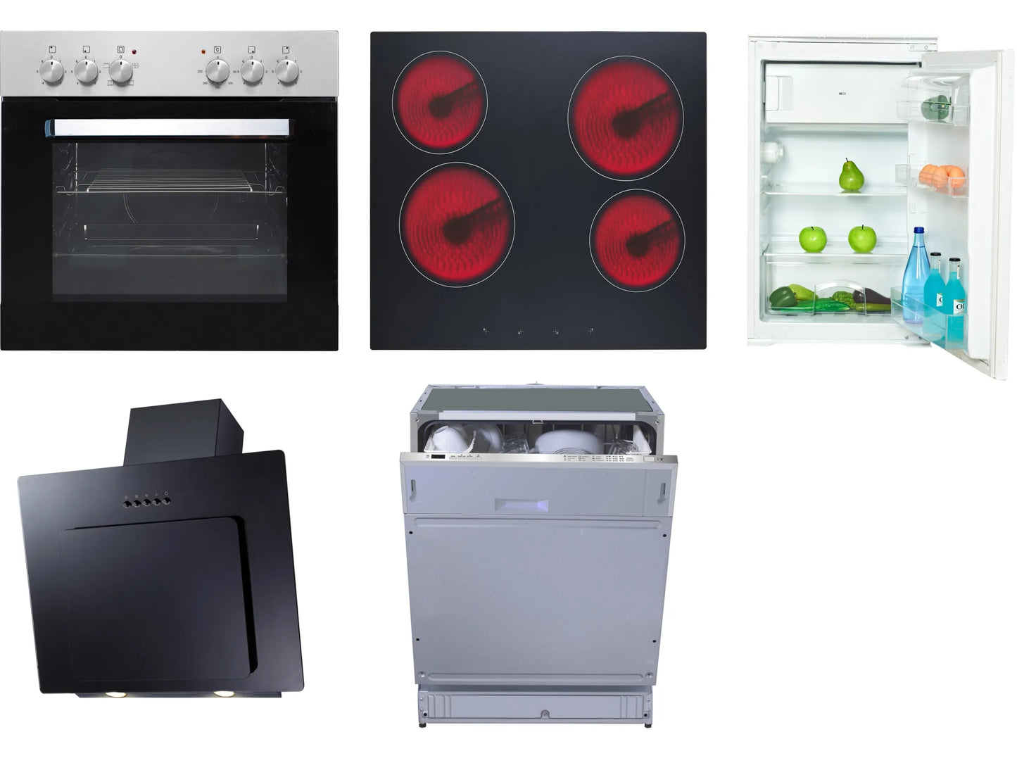 Küchengeräte-Set „Kompakt 5“ – Einbauherd, Glaskeramikkochfeld, Kühlschrank, Geschirrspüler & Dunstabzugshaube