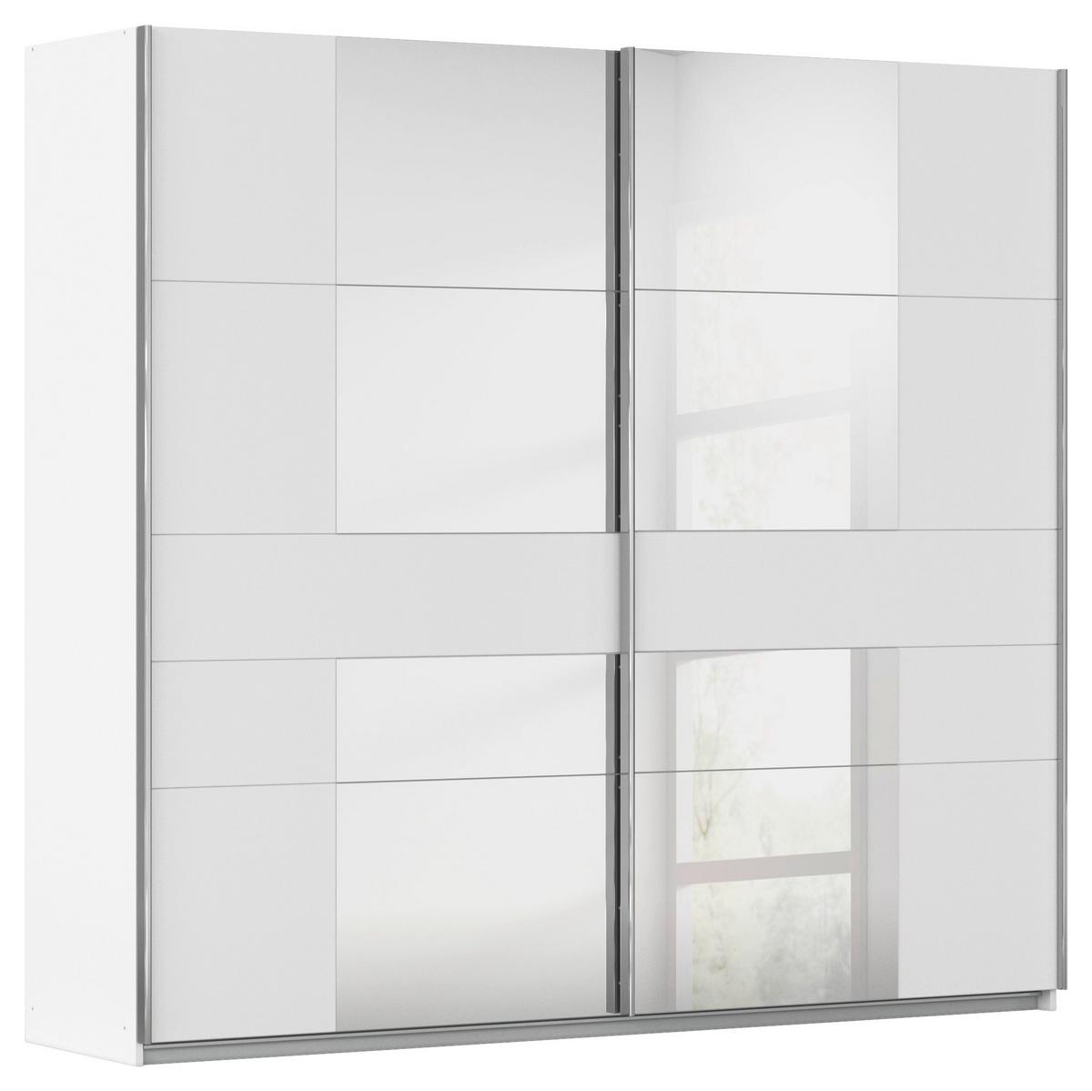 Schwebetürenschrank in Grau-Weiß mit den Maßen 270 x 210 x 57 cm:
