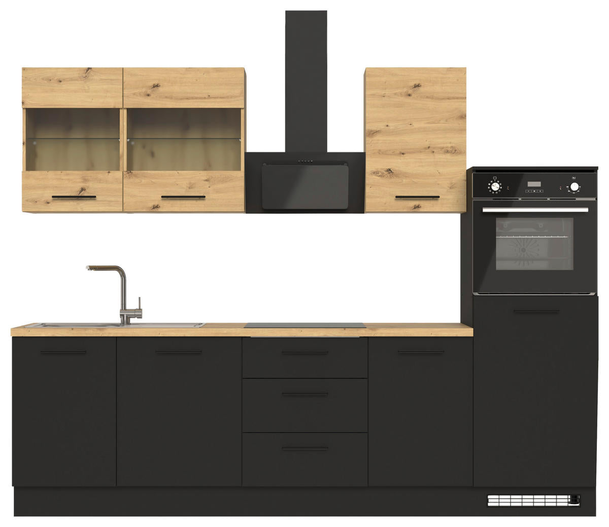 „LineaArt Küchenblock 280 cm – Schwarz matt & Artisan-Eiche“