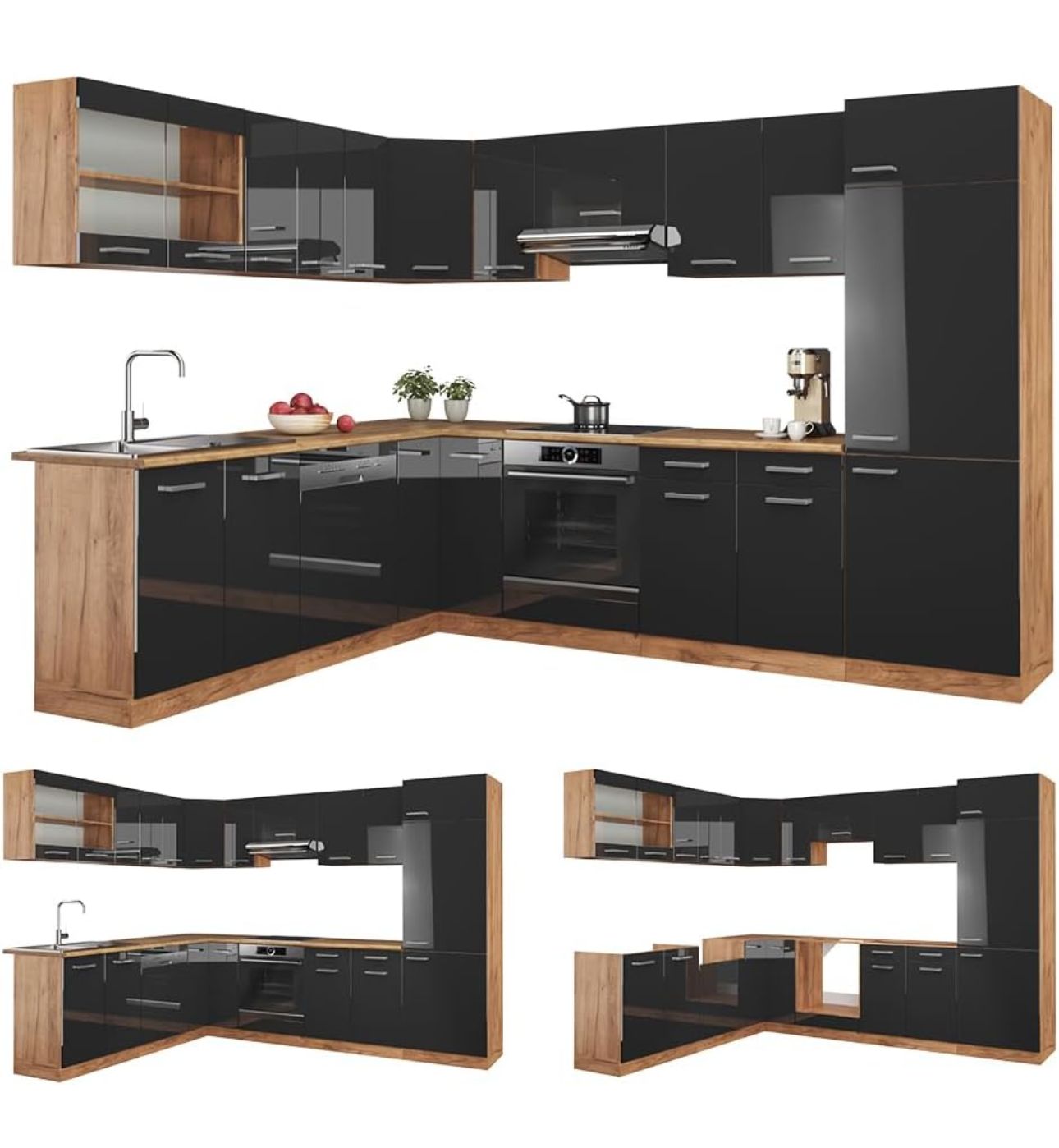 Eckküche „Orion“ ohne Arbeitsplatte – Anthrazit Hochglanz/Goldkraft Eiche, 227 × 287 cm