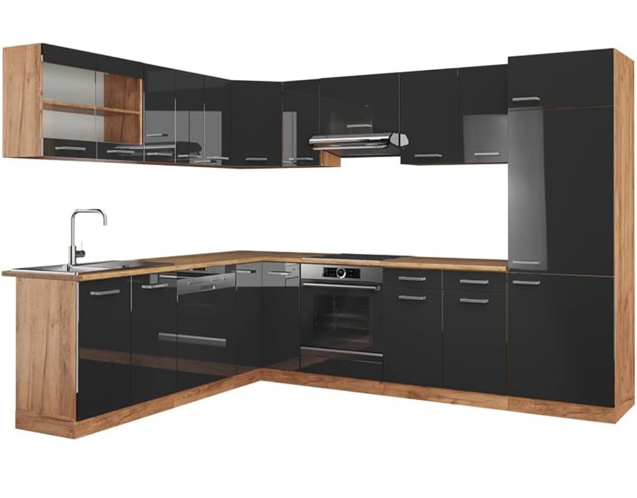 Eckküche „Orion“ ohne Arbeitsplatte – Anthrazit Hochglanz/Goldkraft Eiche, 227 × 287 cm