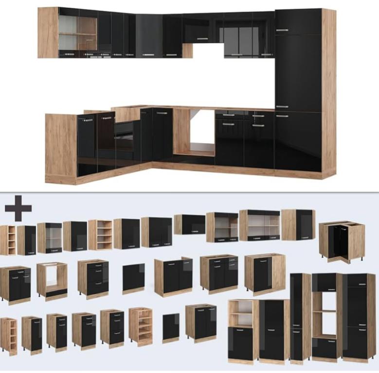 Eckküche „Orion“ ohne Arbeitsplatte – Anthrazit Hochglanz/Goldkraft Eiche, 227 × 287 cm