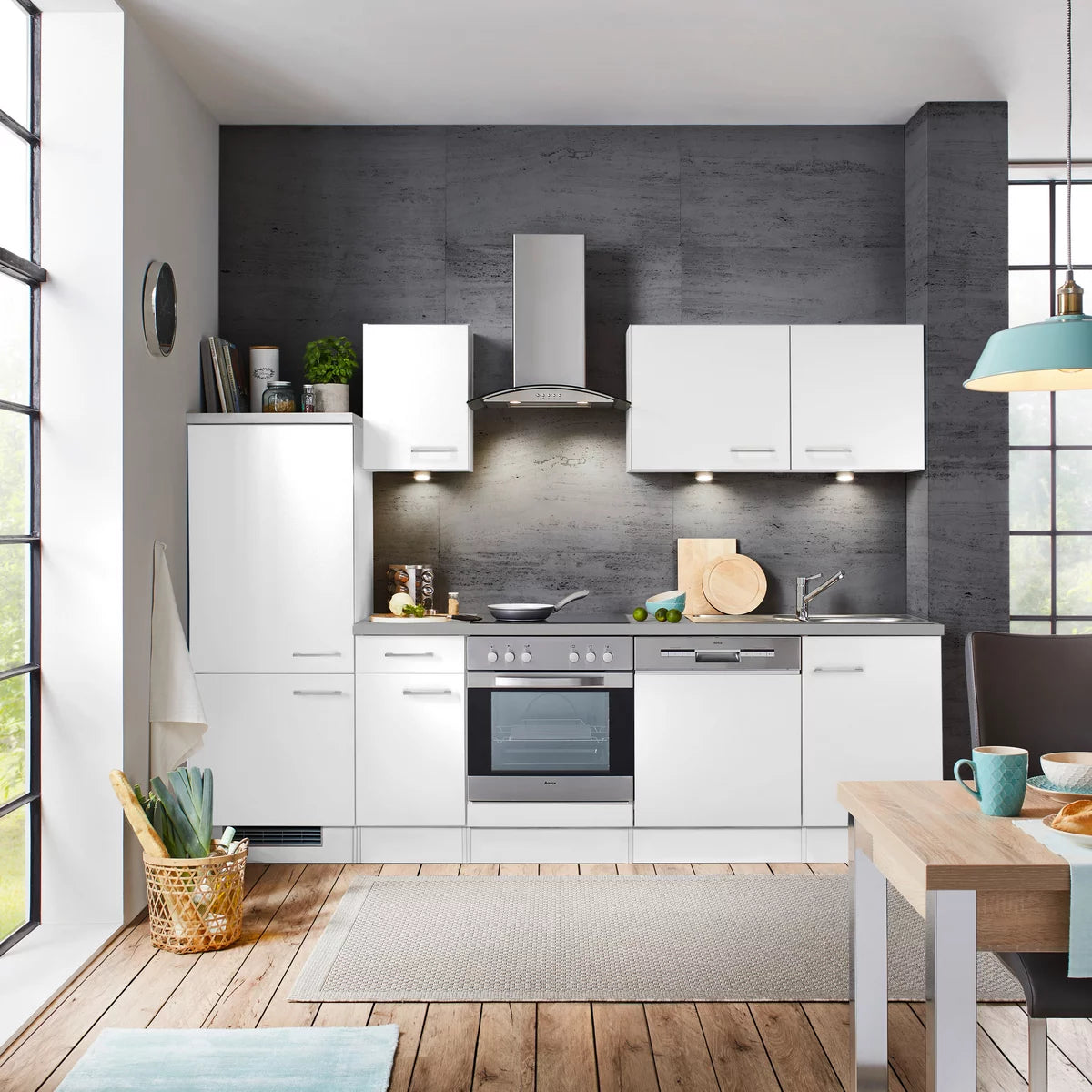 Küchenblock „Luna Weiß“ – Moderne Küchenzeile mit Betonoptik-Arbeitsplatte