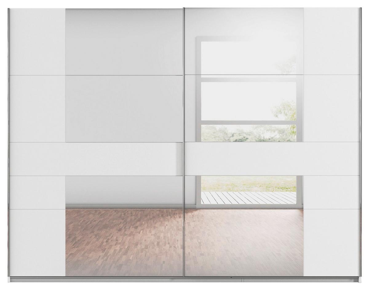 Schwebetürenschrank in Grau-Weiß mit den Maßen 270 x 210 x 57 cm: