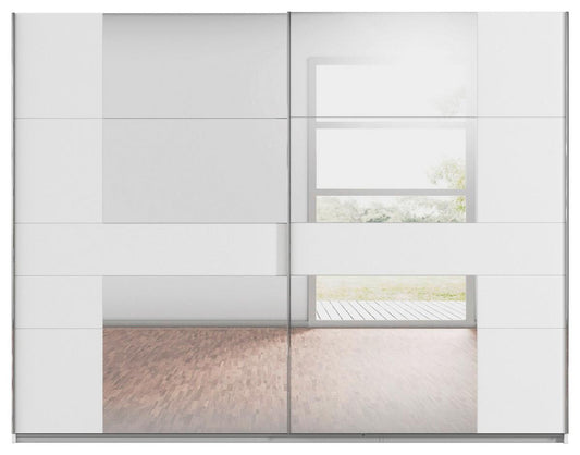 Schwebetürenschrank in Grau-Weiß mit den Maßen 270 x 210 x 57 cm: