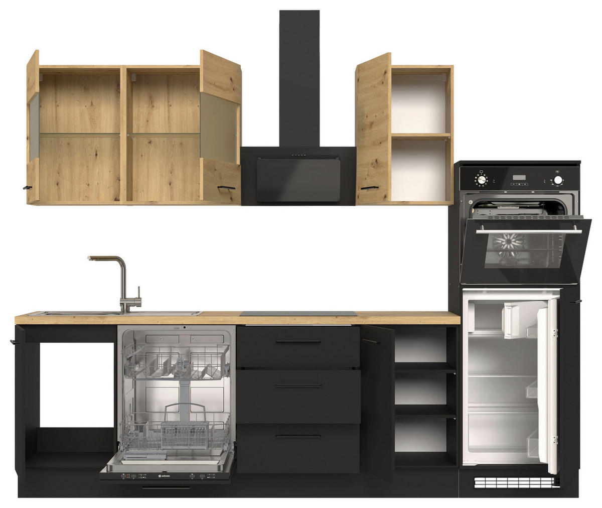 „LineaArt Küchenblock 280 cm – Schwarz matt & Artisan-Eiche“