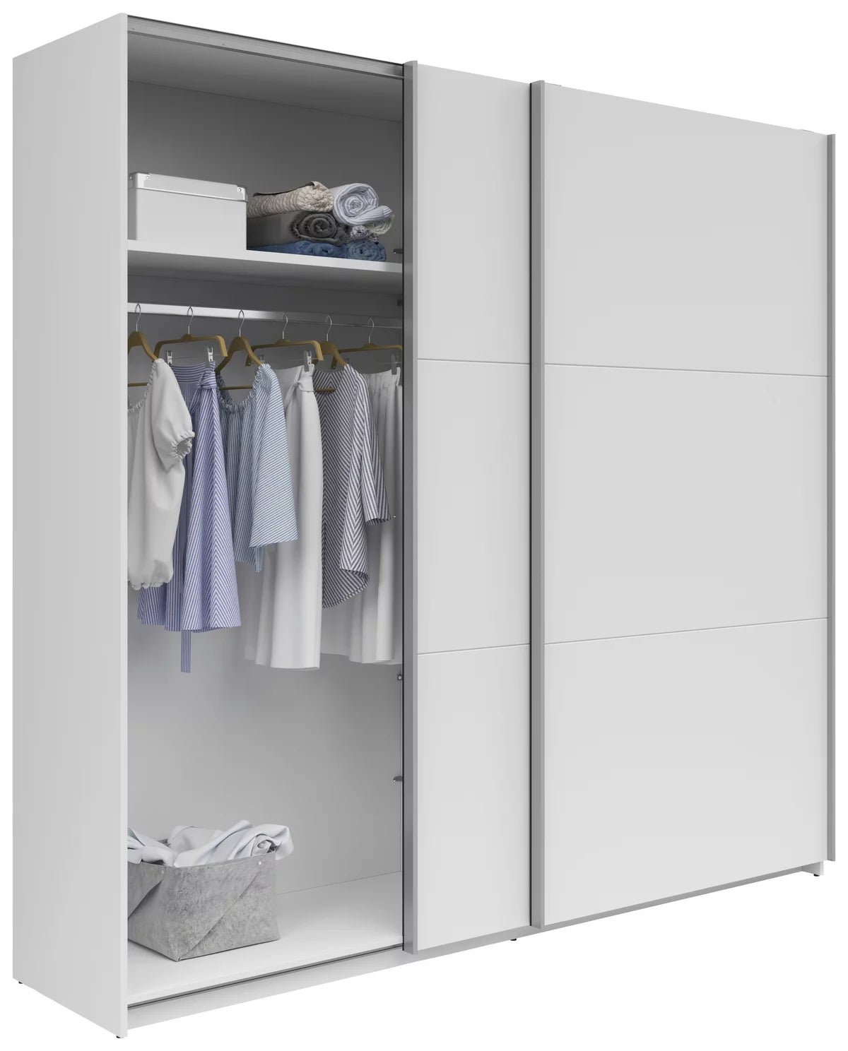 Schwebetürenschrank „AlbaGraph“ – Klarweiß & Silber, ca. 218 × 210 × 59 cm