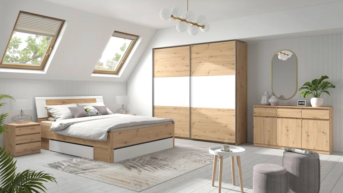 Schwebetürenschrank „Artisan White Oak“ – Weiß & Artisan Eiche, ca. 218 × 210 × 59 cm