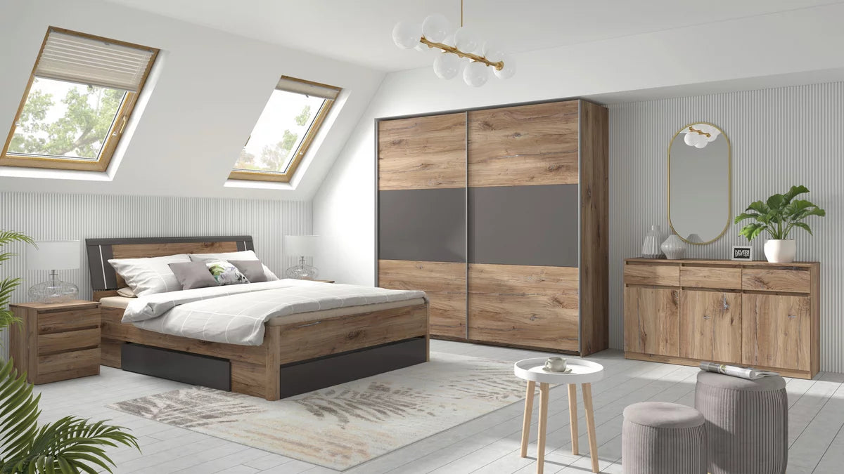 Schwebetürenschrank „Graphit Oakline“ – Graphit & Eichefarben, ca. 218 × 210 × 59 cm