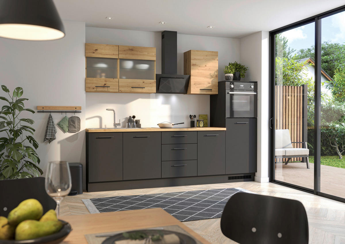 „LineaArt Küchenblock 280 cm – Schwarz matt & Artisan-Eiche“