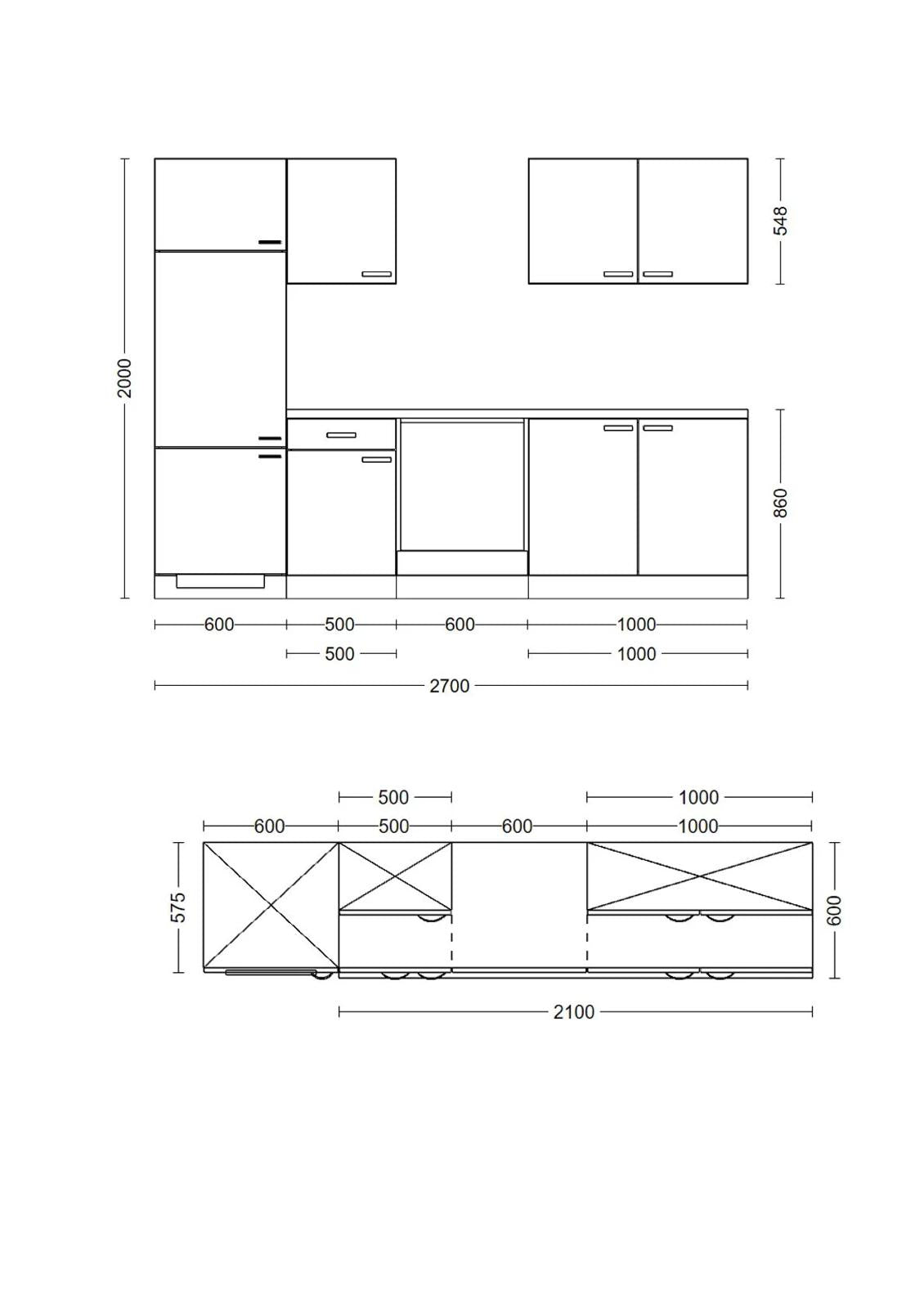 Küchenzeile LUNA – 270 cm – Weiß & Schiefergrau – ohne Geräte