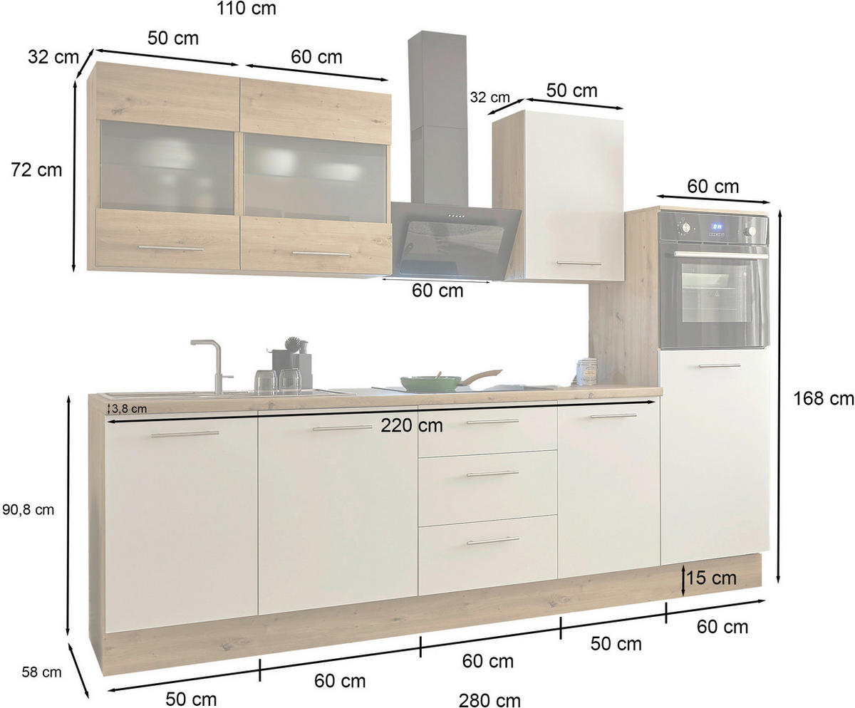 UrbanEiche Küchenleerblock 280 cm – Weiß & Artisan Eiche