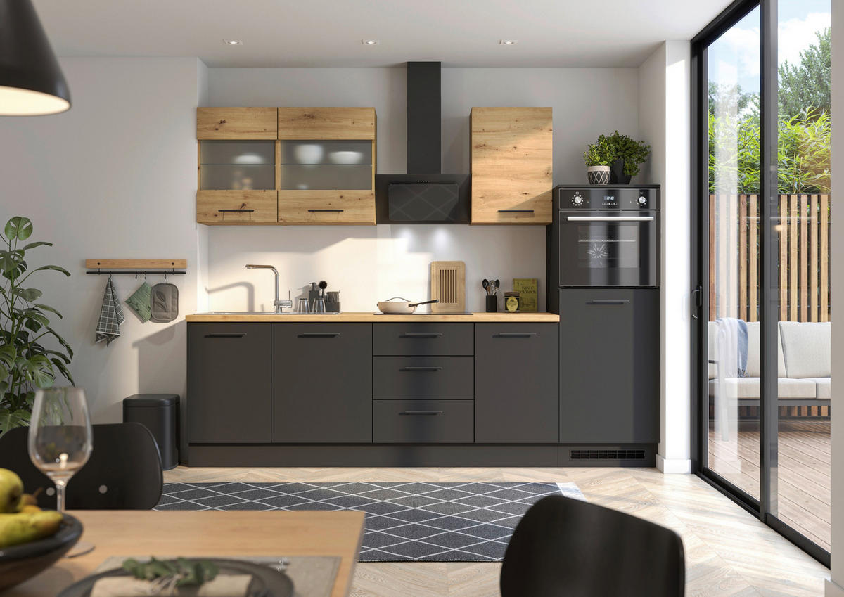 „LineaArt Küchenblock 280 cm – Schwarz matt & Artisan-Eiche“