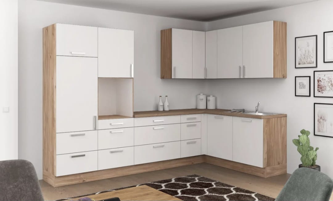 🏡 Eckküche "NatureLine 320" – 320×185 cm in Magnolie & Eiche-Dekor