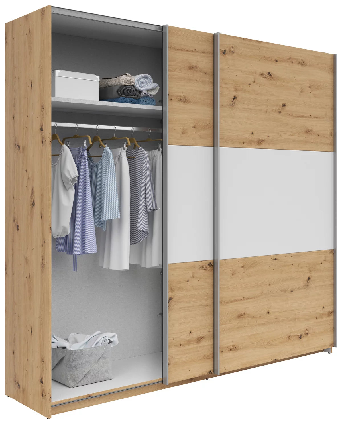 Schwebetürenschrank „Artisan White Oak“ – Weiß & Artisan Eiche, ca. 218 × 210 × 59 cm
