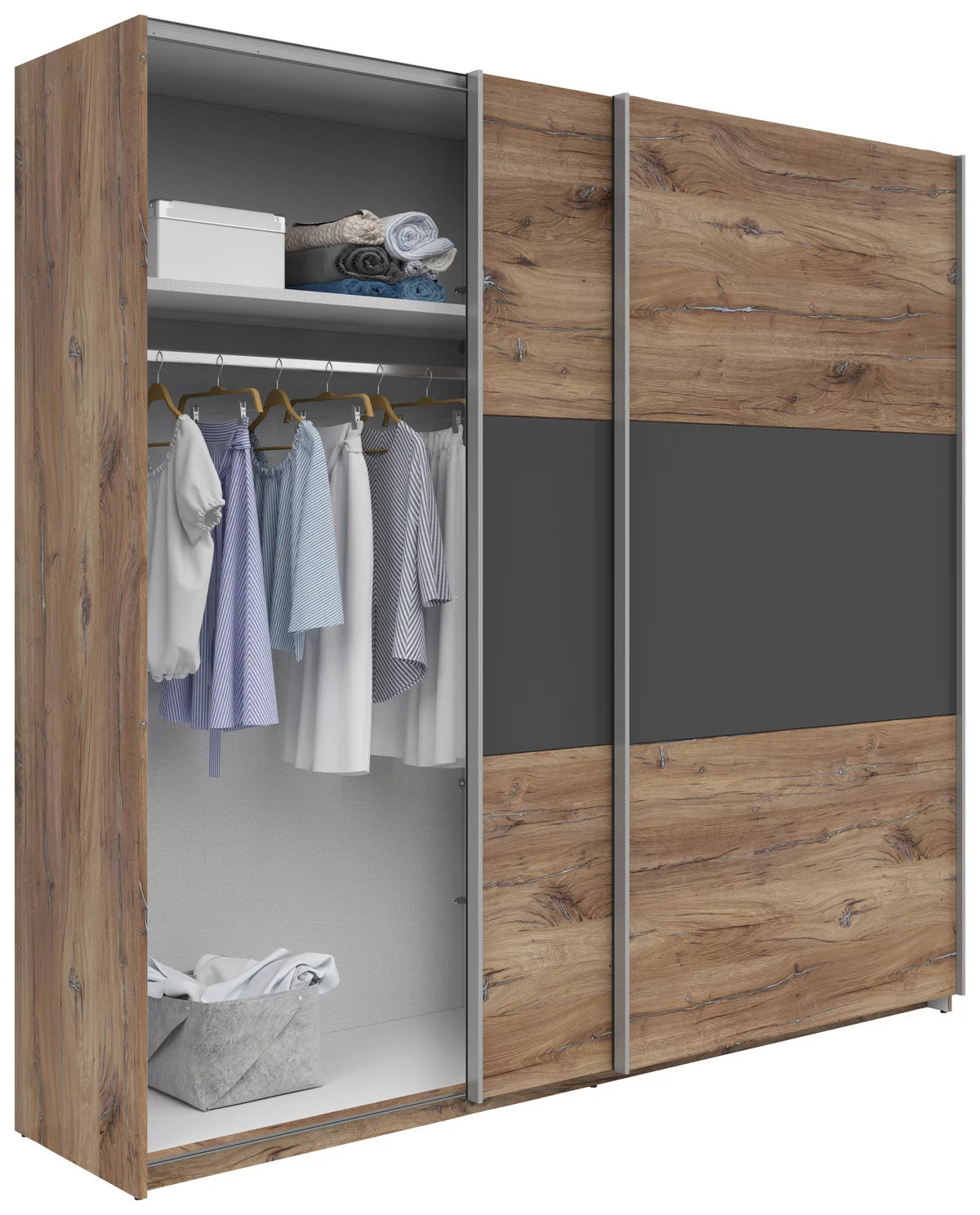 Schwebetürenschrank „Graphit Oakline“ – Graphit & Eichefarben, ca. 218 × 210 × 59 cm