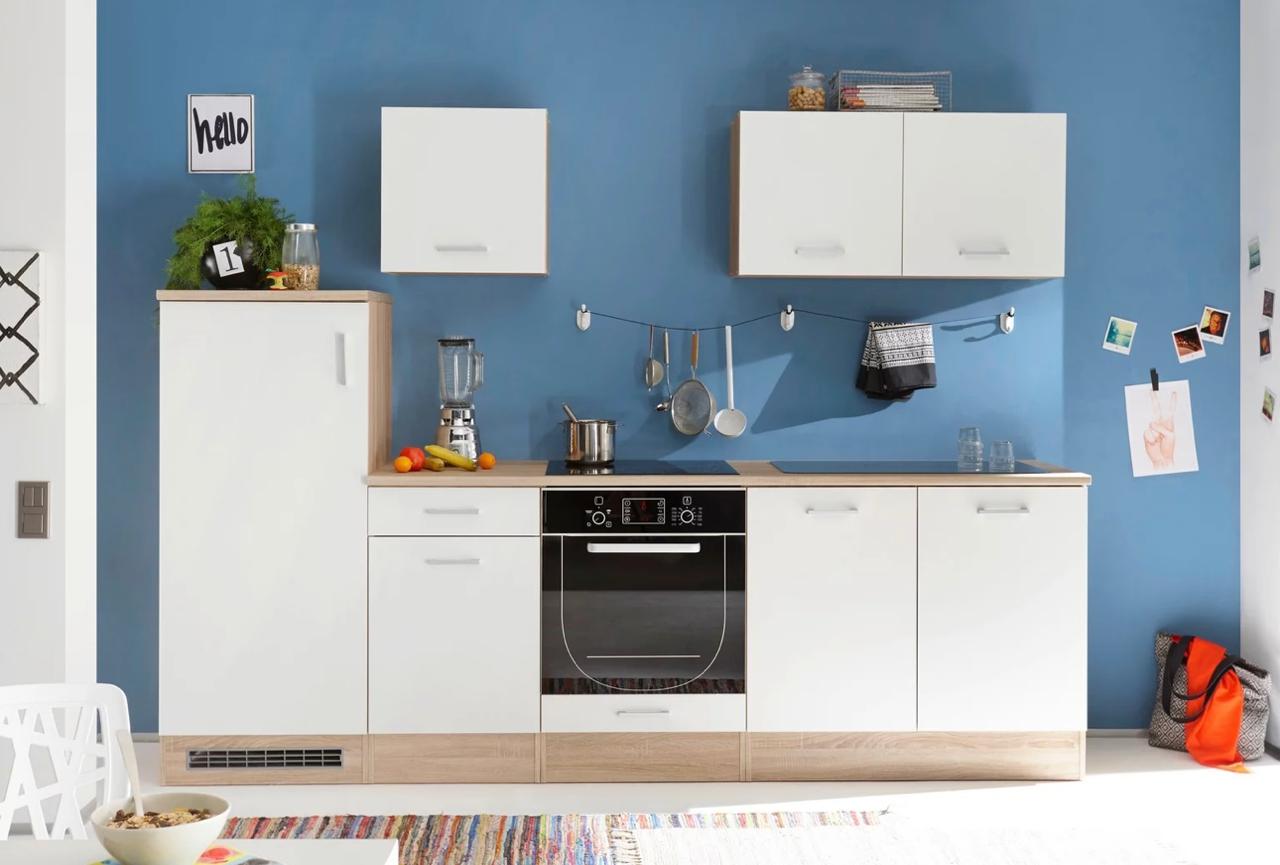 Küchenzeile Nordic270 – Weiß matt & Eiche-Optik, ohne Elektrogeräte