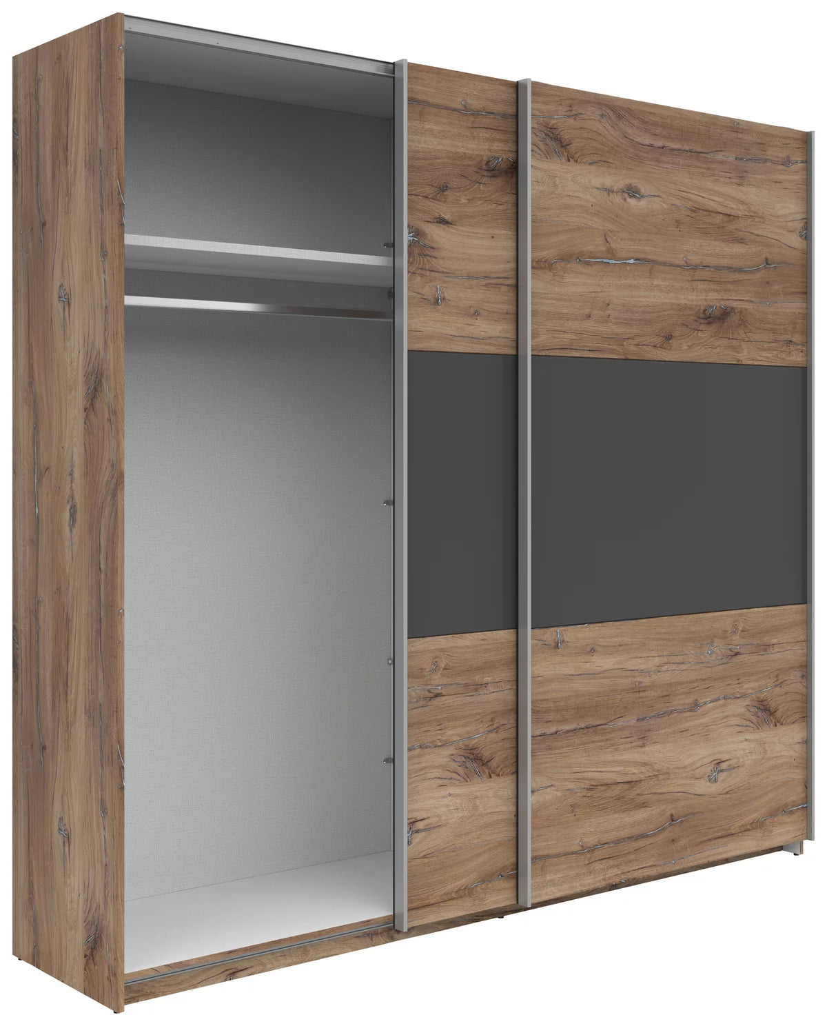 Schwebetürenschrank „Graphit Oakline“ – Graphit & Eichefarben, ca. 218 × 210 × 59 cm