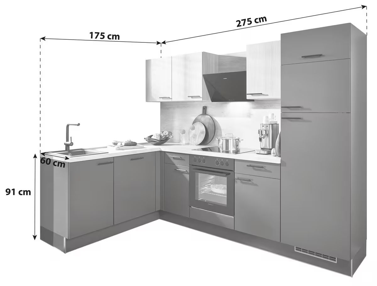 PinoCorner PN 80/100 – Eckküche in Kaschmirgrau & Honigeiche-Dekor, L‑Form, ohne Geräte
