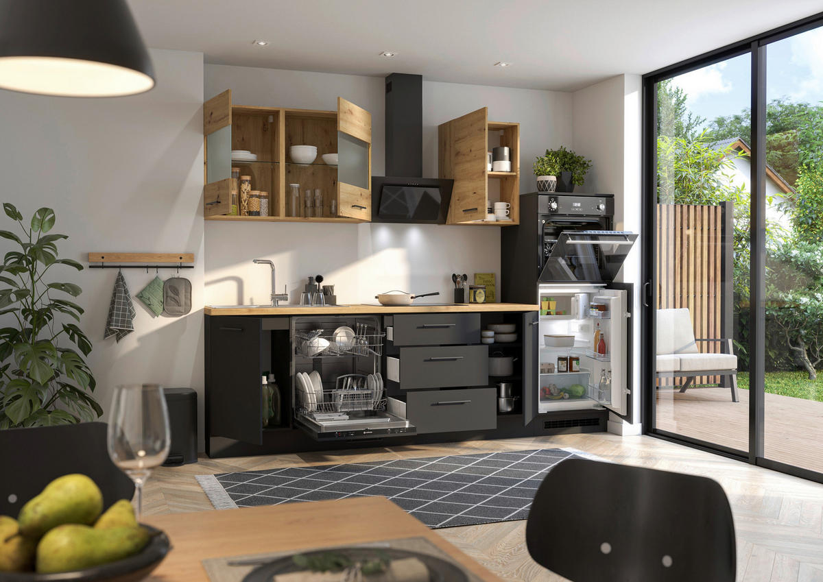 „LineaArt Küchenblock 280 cm – Schwarz matt & Artisan-Eiche“